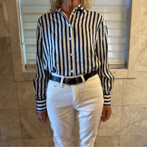 Blue and White Striped Button-Up Shirt 100% silk